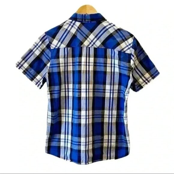 Dickie’s Button Front Shirt Short Sleeves Blue Grey White Plaid Boys Large - Picture 2 of 14